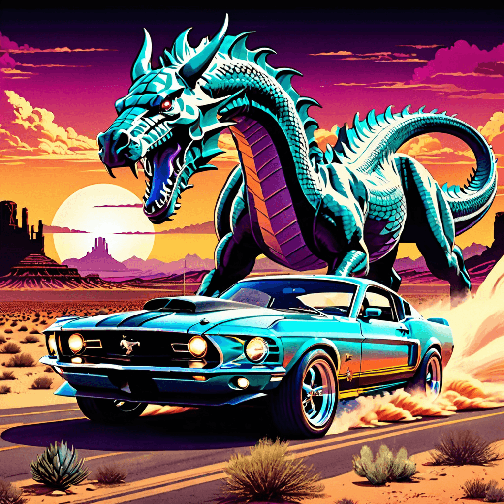 AI generated: A ((((((retro color comic style poster of a fantasy post apocalyptic world, with a mustang style mus...