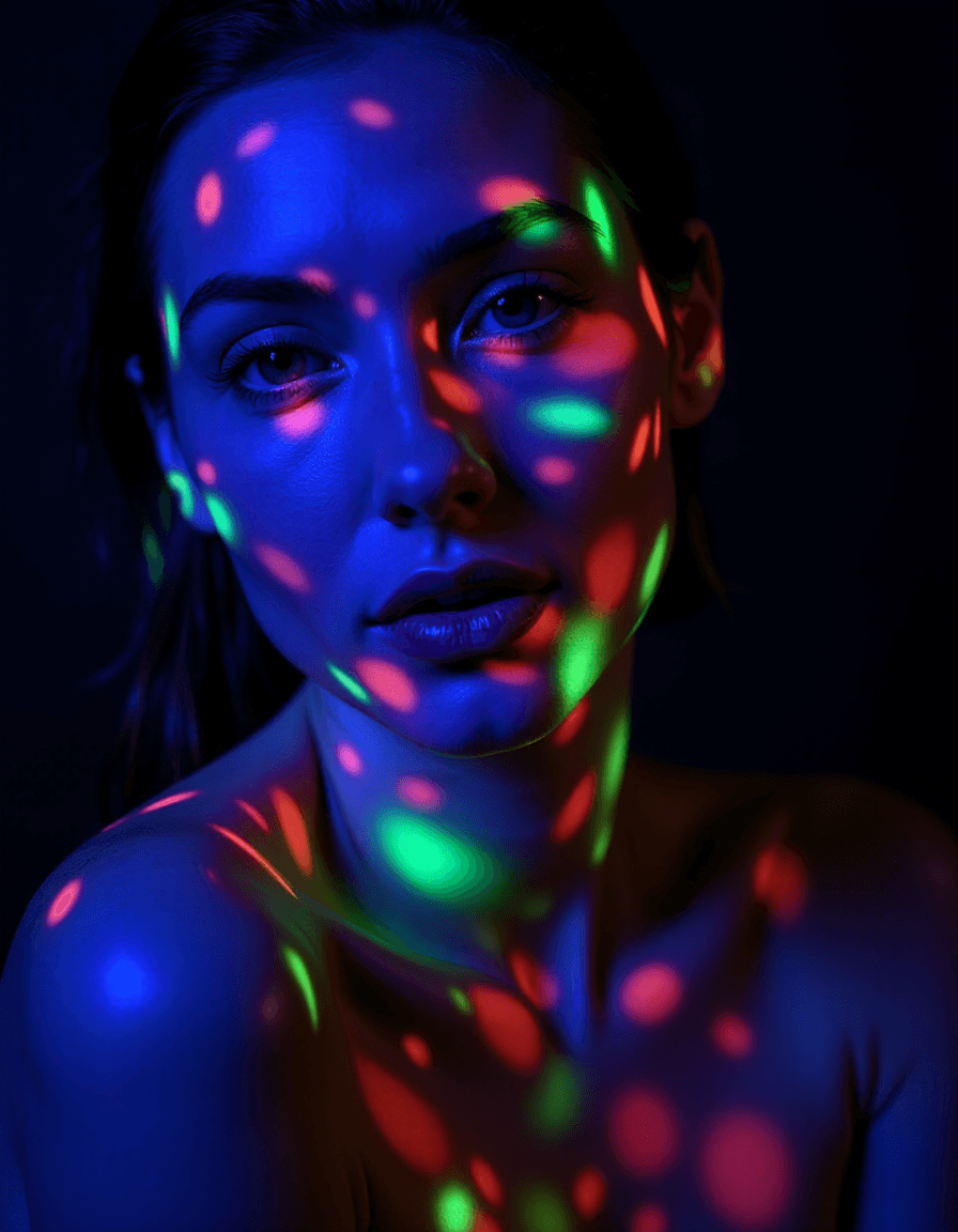 AI generated: woman portrait, UV lighting, black light, glowing effects, ultraviolet, UV light, ultra-violet light...