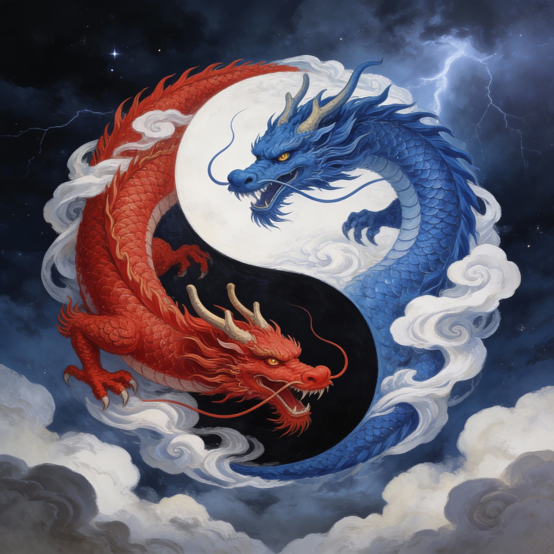 AI generated: Red dragon and blue dragon in Yin and Yang under the stormy night sky by Richard Worthington, Jr. ,i...