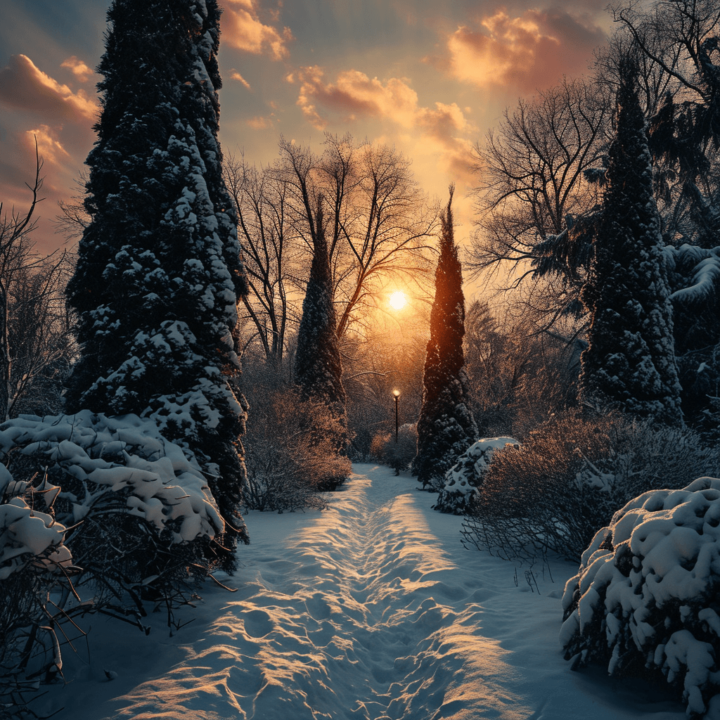 AI generated: botanical garden in winter under the snow, ambiant occlusion, tormented sky, warm sunset light, spec...
