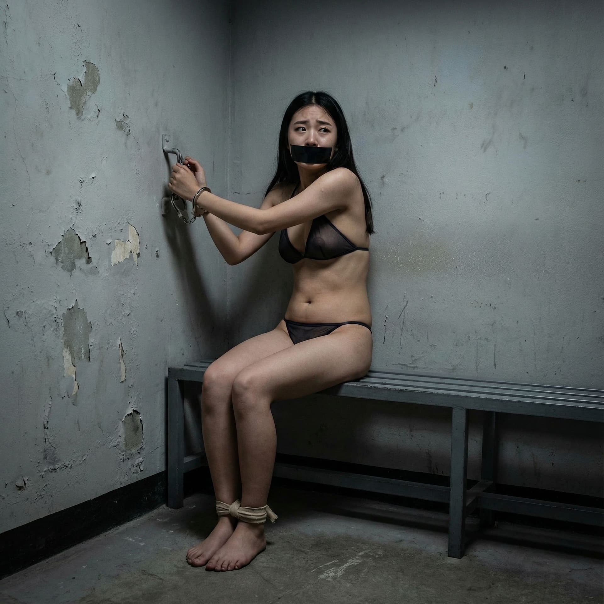 AI generated: A east-asian girl in a cell of a jail, sitting on table near wall, wear sheer micro bikni, her both ...