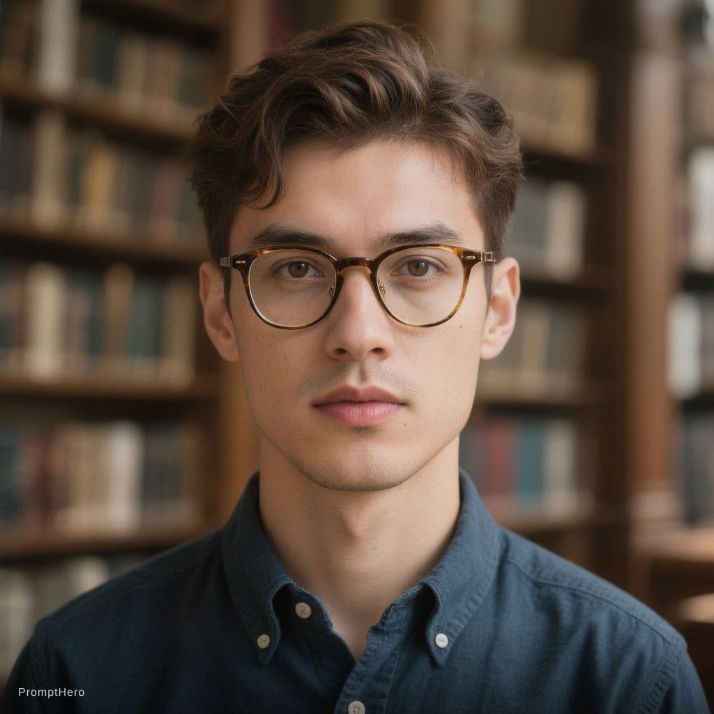 AI generated: man from kazakhstan 25 years old with eye glass and classic shirt background library
