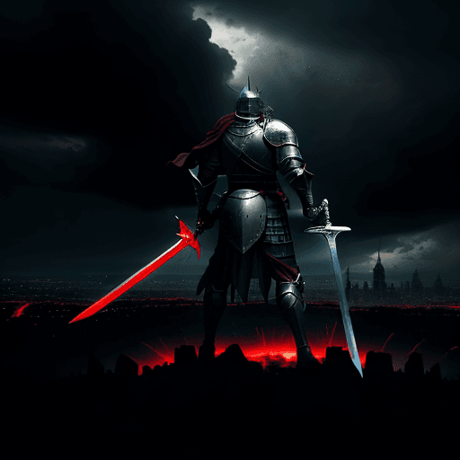 AI generated: A knight destroying an entire city with his sword while the sky is tearing, slams his big sword into...