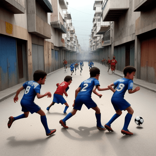 AI generated: 12 Garotos jogando futebol na rua,na decada de 70 sao meninos magros,divertidos,morenos,pele escura,...