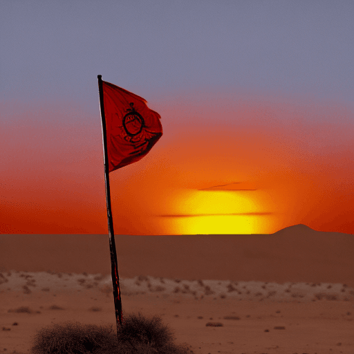 AI generated: A tattered red flag on a pole stands prominently in a barren desert landscape, illuminated by the se...