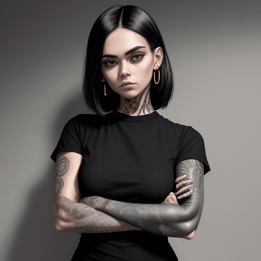 AI generated: a man in black shirt with her arms folded against , in the style of tattoo, normcore, dark silver an...