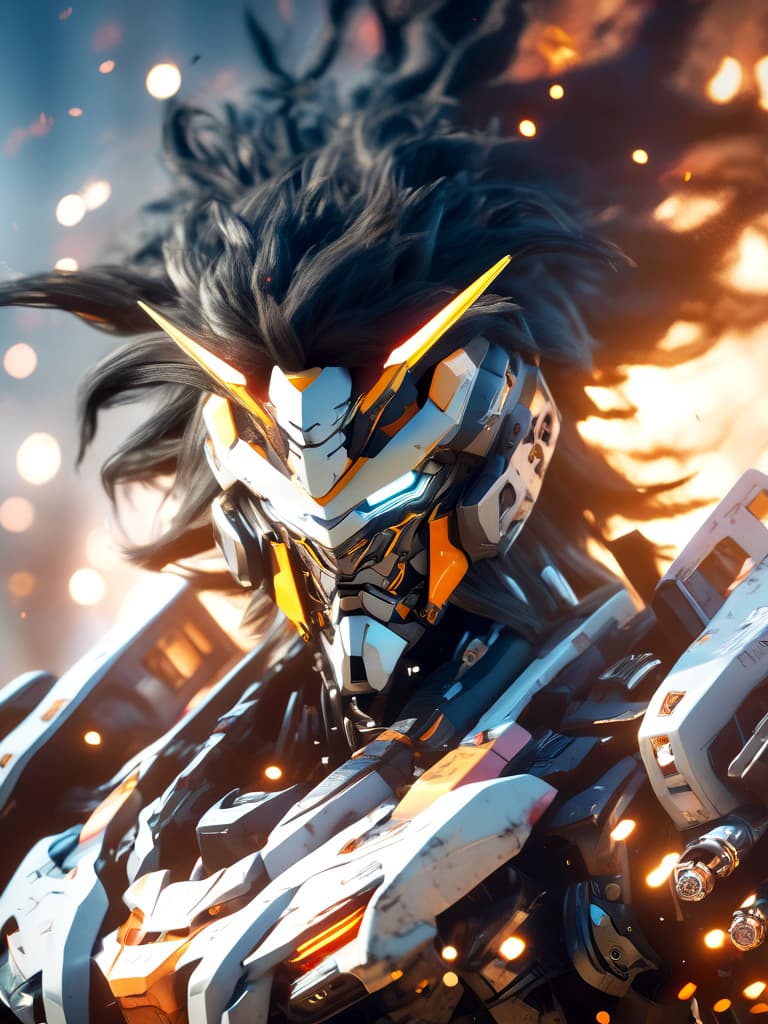 AI generated: Photo of a mecha guy, Gundam-style features, full cover facial armor, visible long black hair, white...