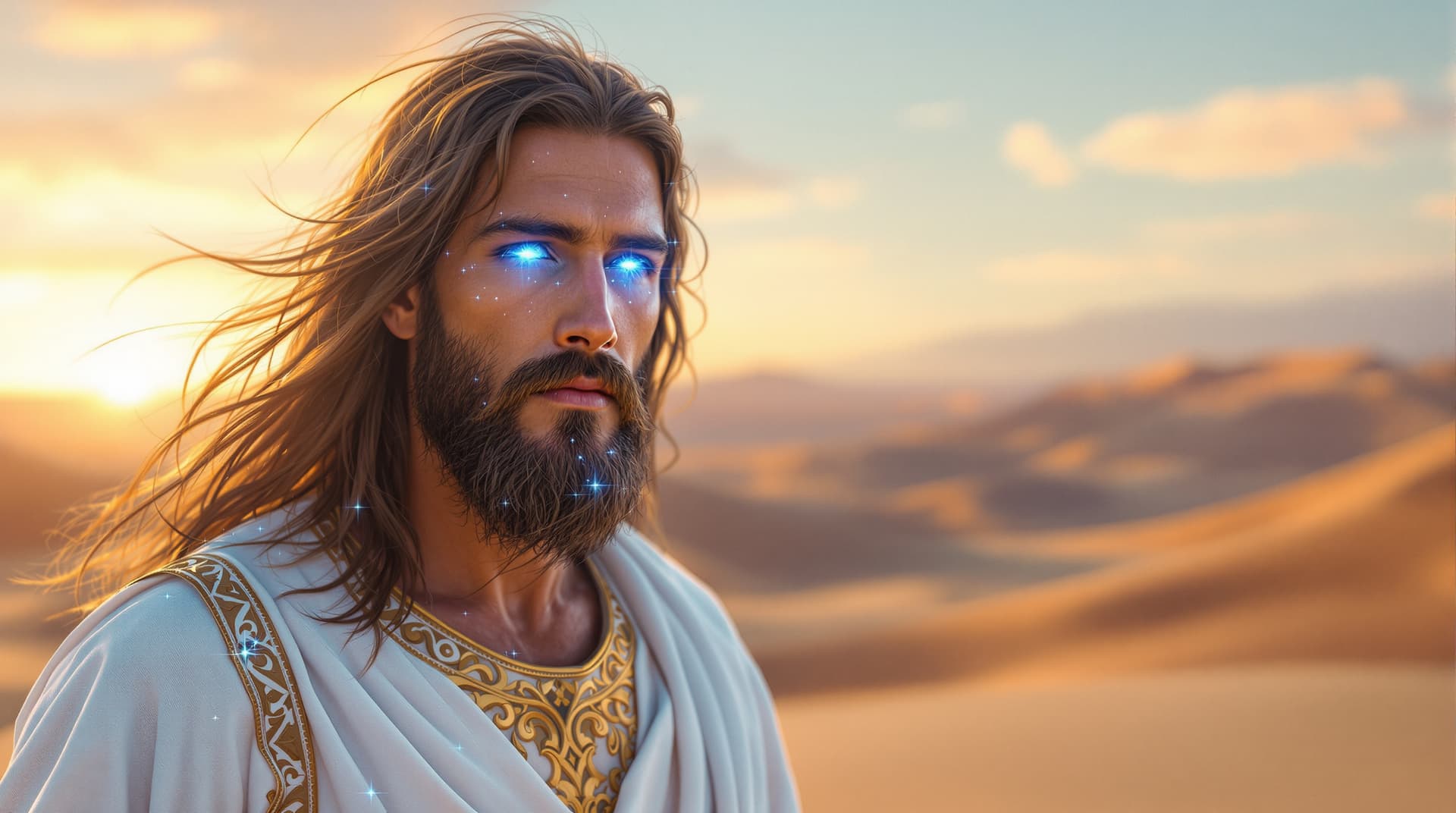 AI generated: A hyper-realistic picture of Jesus Christ standing in the desert. His long, flowing brown hair gentl...