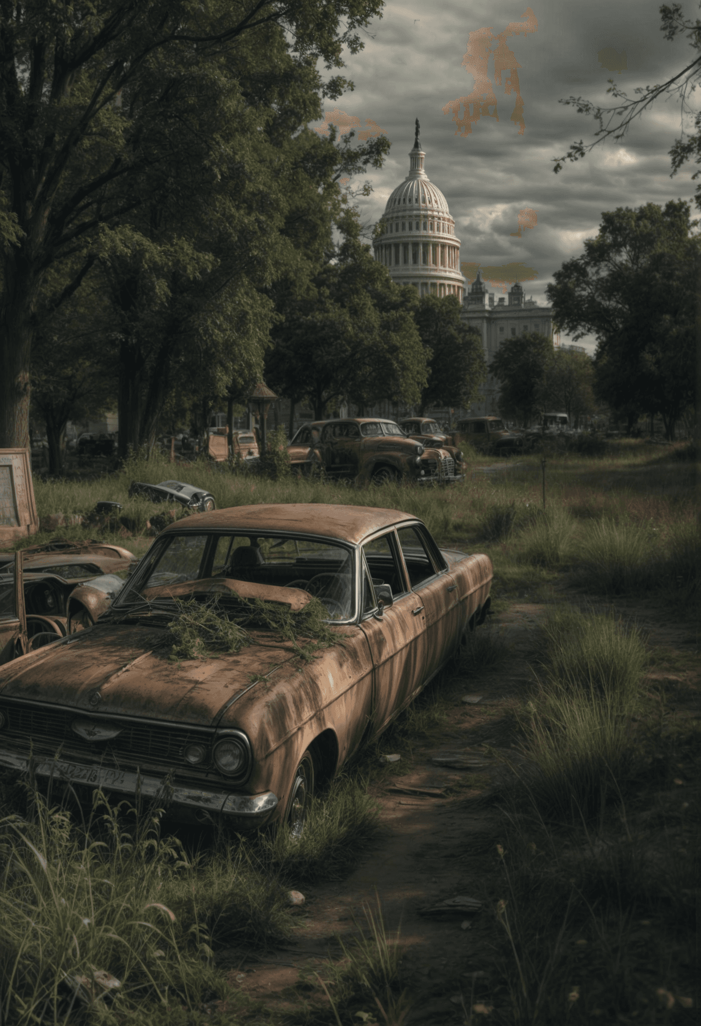 AI generated: post apocalypse,old ruins of citys,trees,gras grow overall,car wrecks ,rusty,,capitol,washington