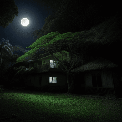 AI generated: a noite lua cheia na floresta duas arvores altas uma perto da outra no meio ao fundo uma casa  velha...