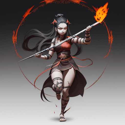 AI generated: Nezuko kamado, Indian mythology, demon slayer character, symmetric body, holding a three-pronged spe...