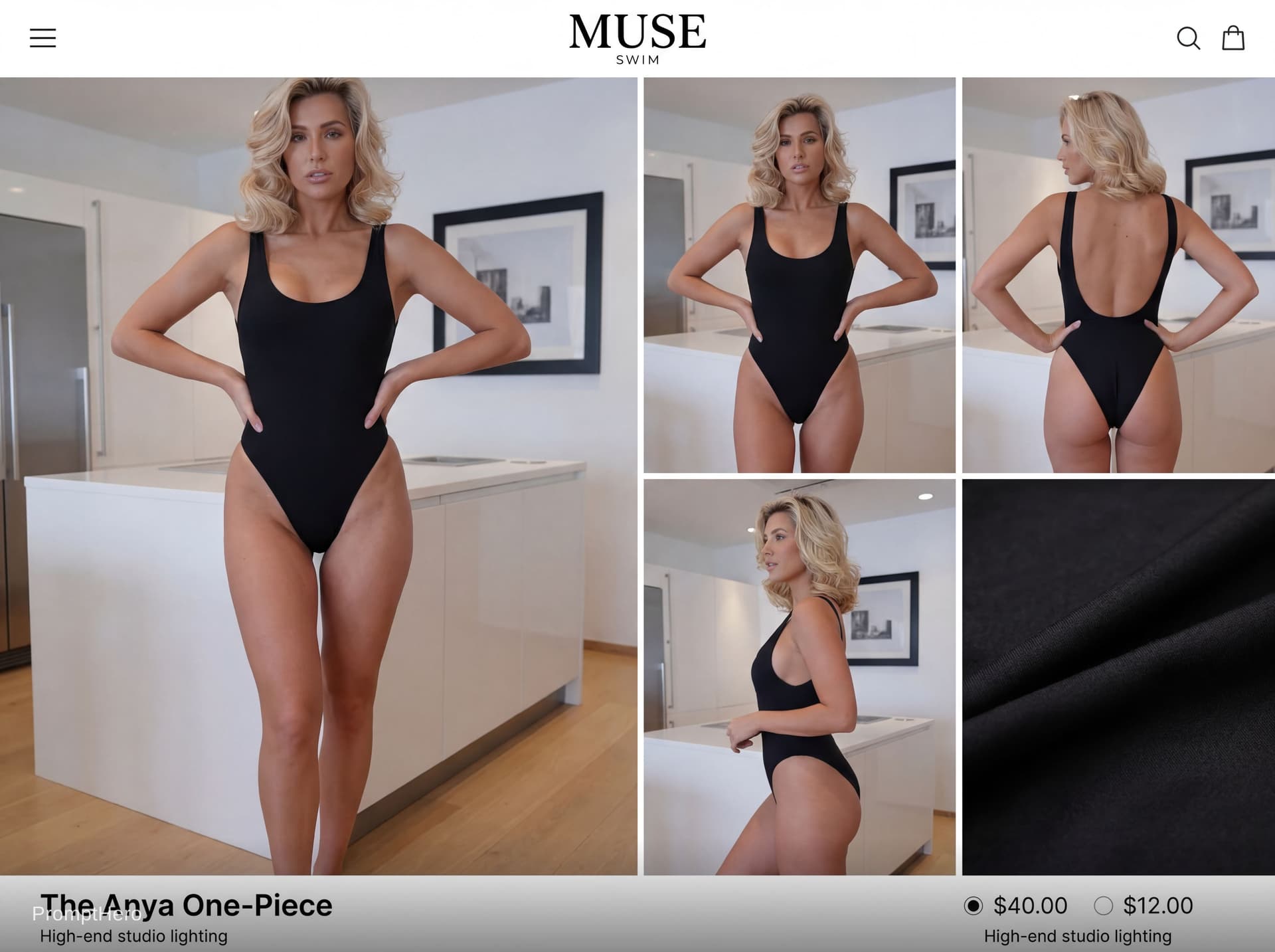 AI generated: professional photo shoot for luxury fashion webshop. wears a modern swimsuit brazilian style. model ...