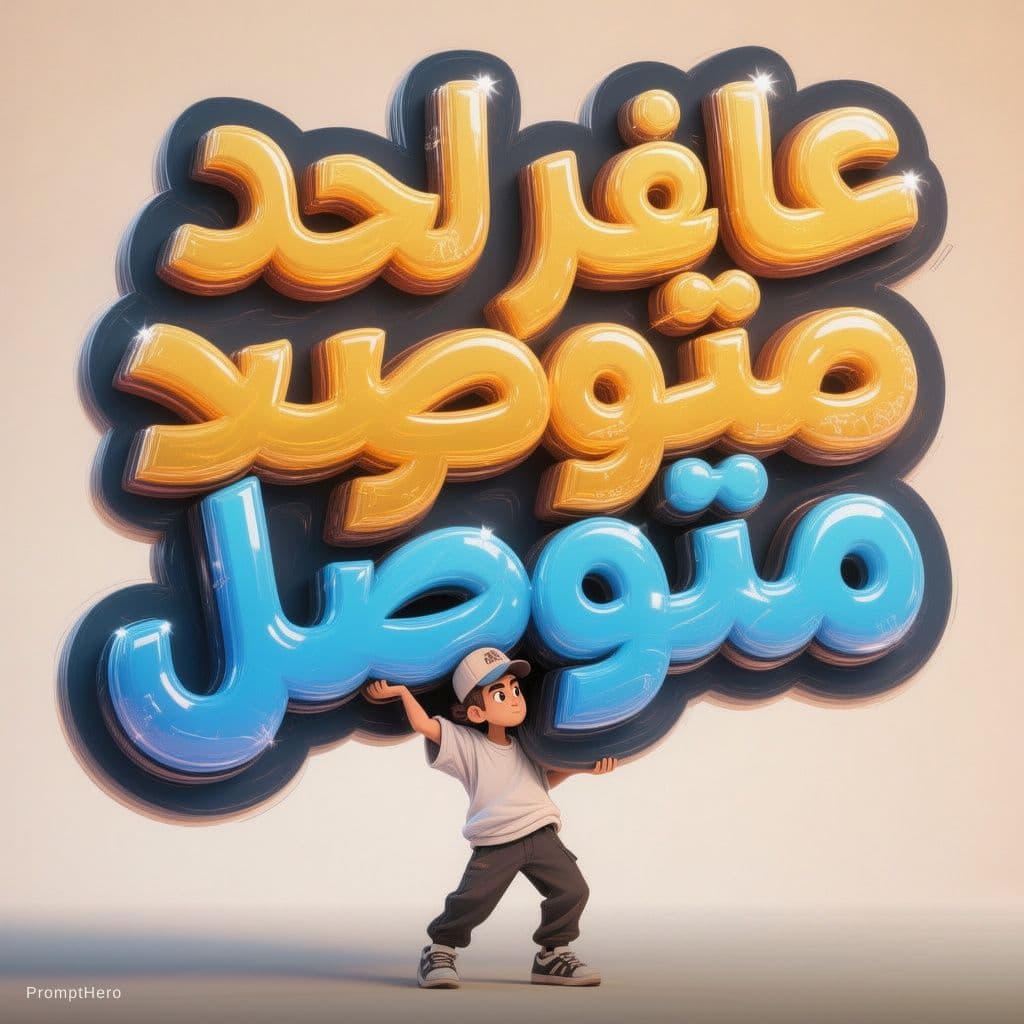 AI generated: 

Create a stylized illustration combining character interaction with bold Arabic 3D typography.
Sce...