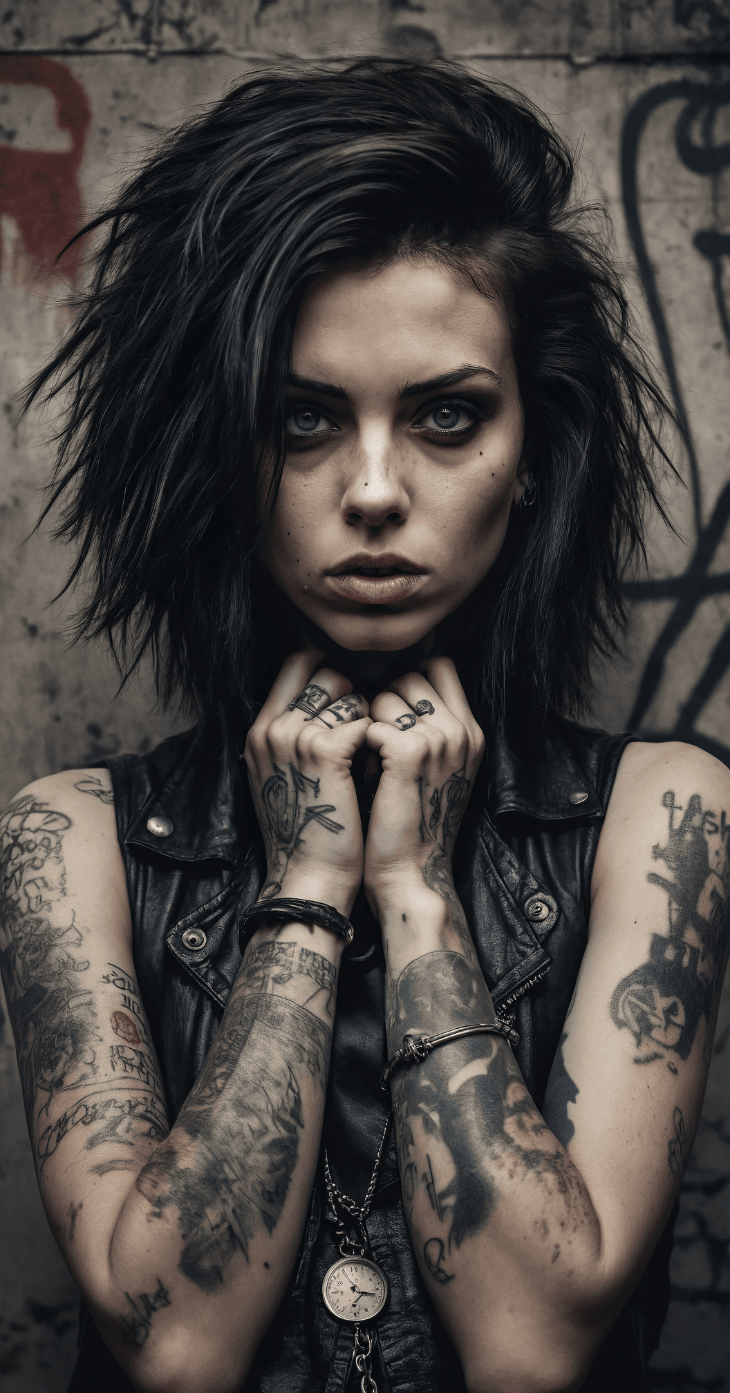 AI generated: Portrait of a female rocker, expressive eyes, tattoos, attitude, sultry, pictorialism, dystopian, gr...
