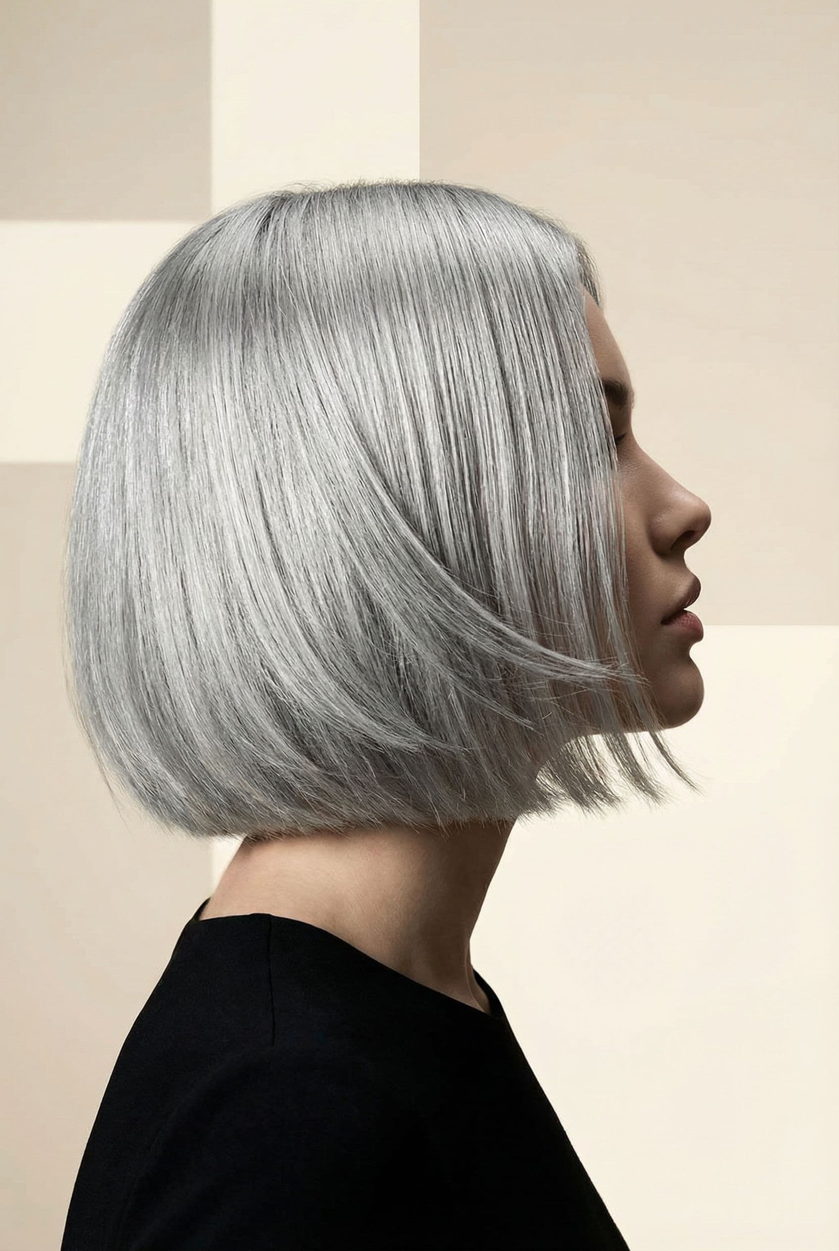 AI generated: hair photography, woman, bob cut hair, silver color, ivory hue background, studio lighting setup, re...