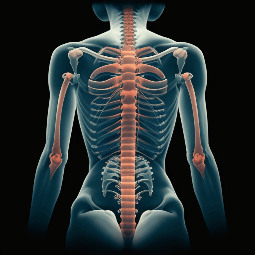 AI generated: a human body in which the spinal column is highlighted