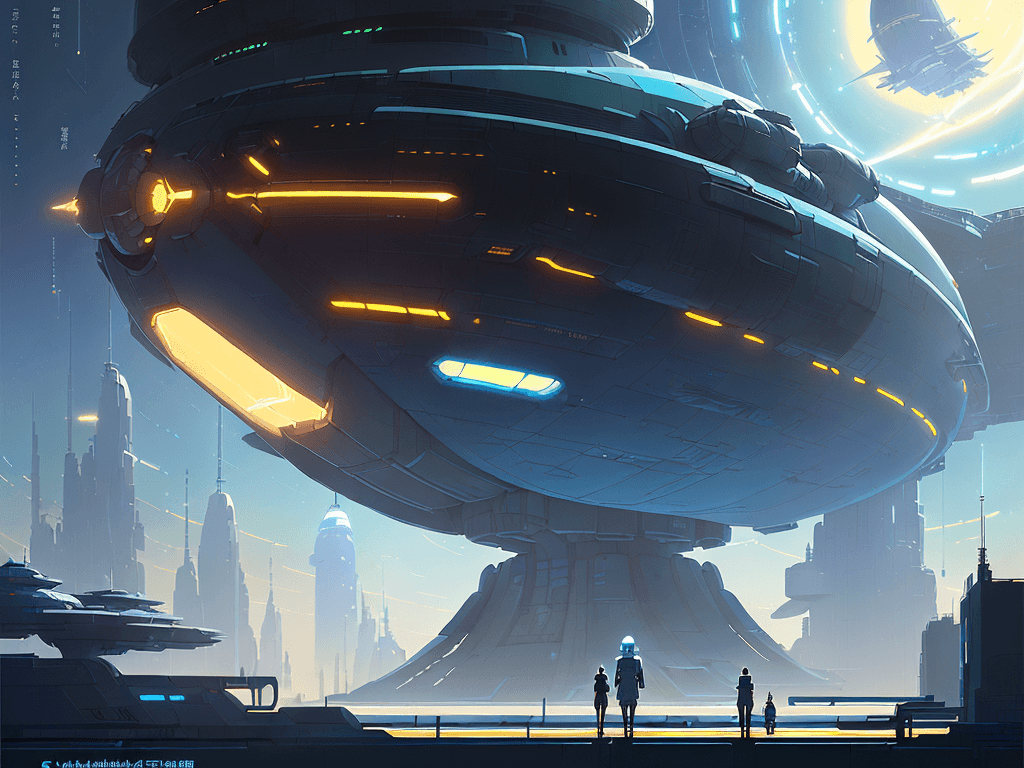 AI generated: sketches blueprint of futuristic sci-fi huge spacecraft, warp engines, formulas and annotations, sch...