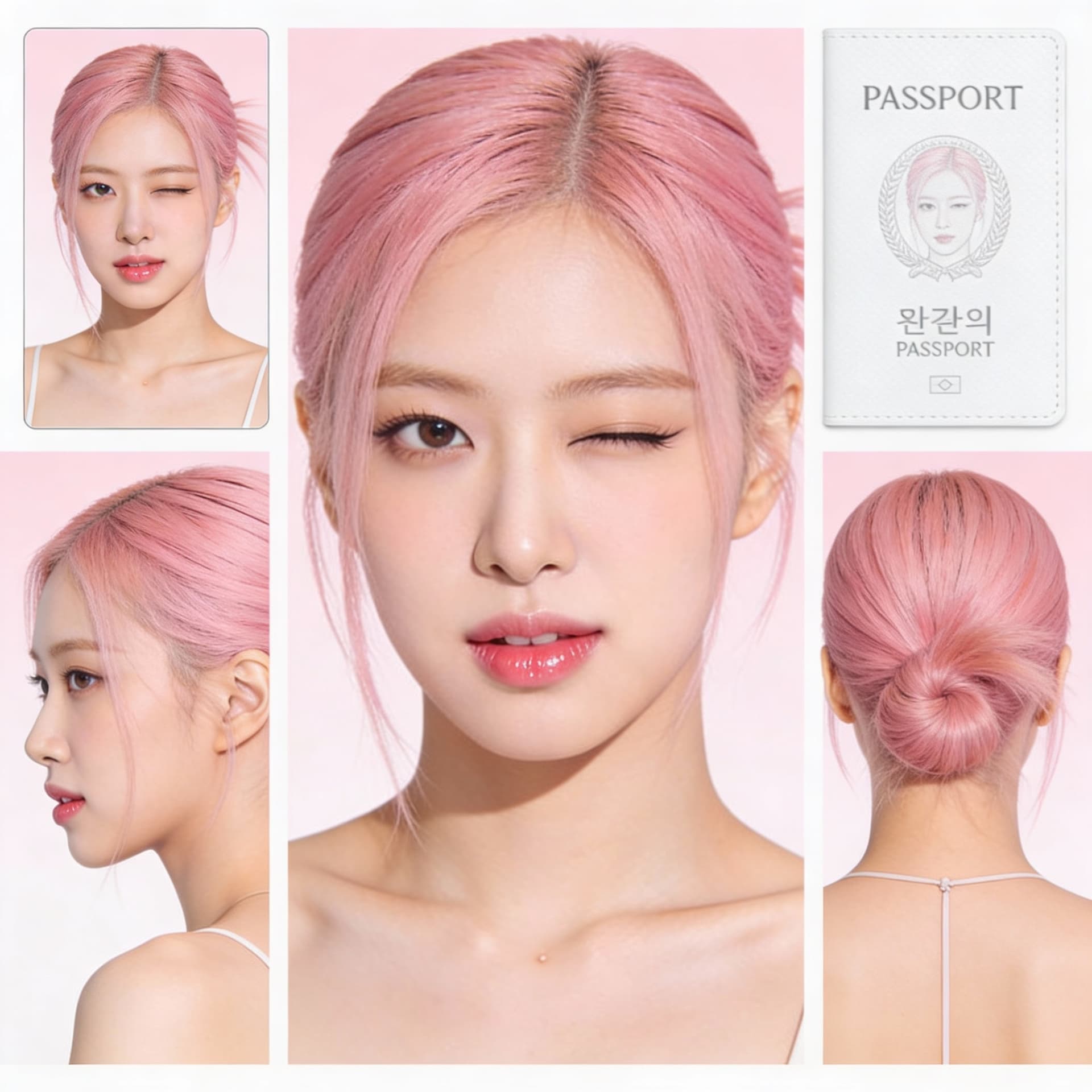 AI generated: Multi View, korean girl, 18~22yo,  instagram style portrate, Pink hair, gloss lips, Model makeup, Wi...