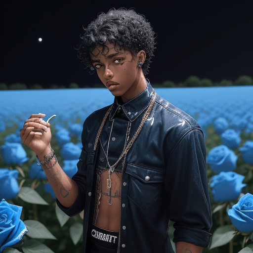 AI generated: The photo of a young man who is a rapper. He's standing rapping in a field of blue roses, the night ...