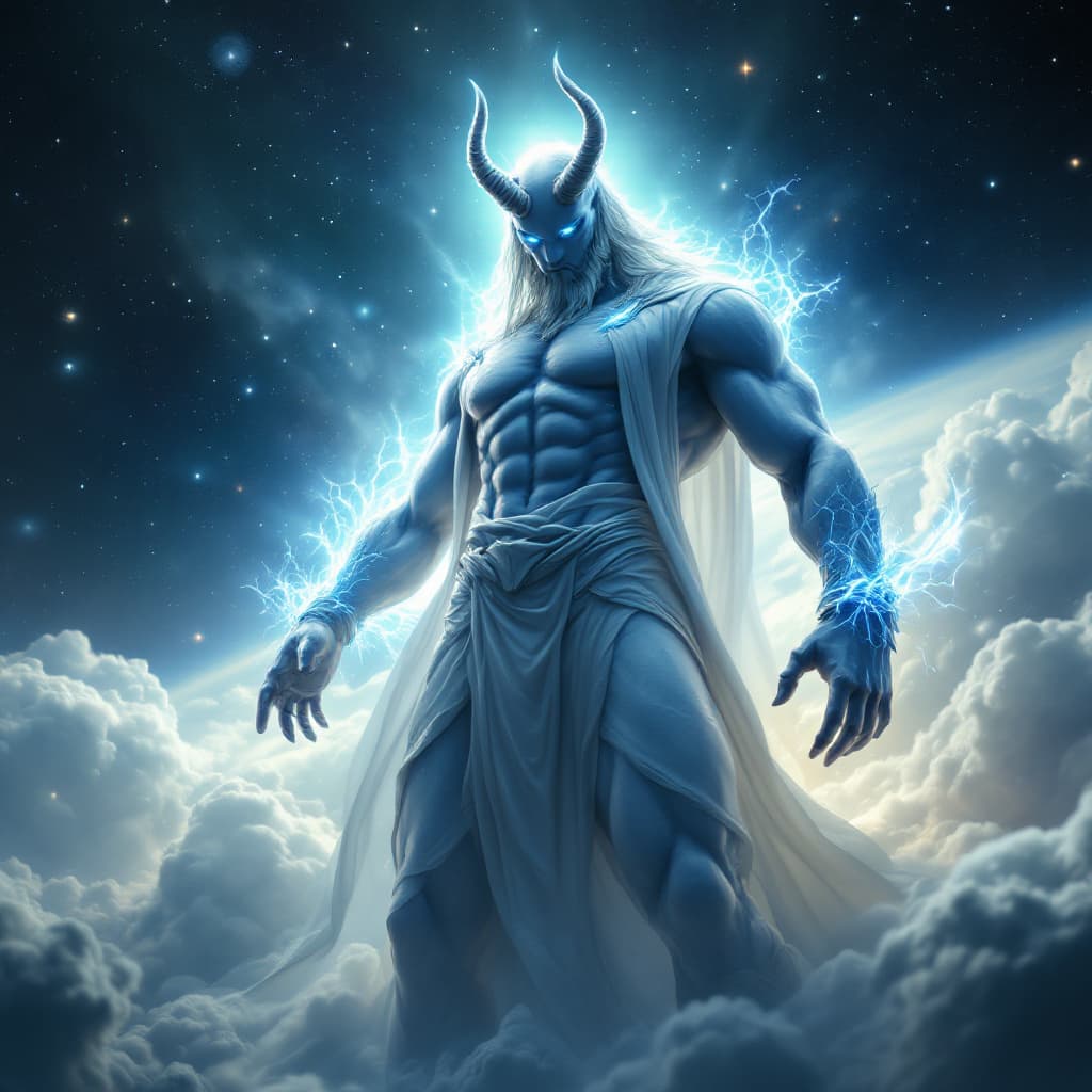 AI generated: God of Healing and sickness, full-body, Etherial, muscular, No mouth or hair, Glowing blue and green...