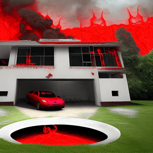 AI generated: wide house in the hell 2 floor, high-tech style, outdoor is the place of evils from the circles of h...