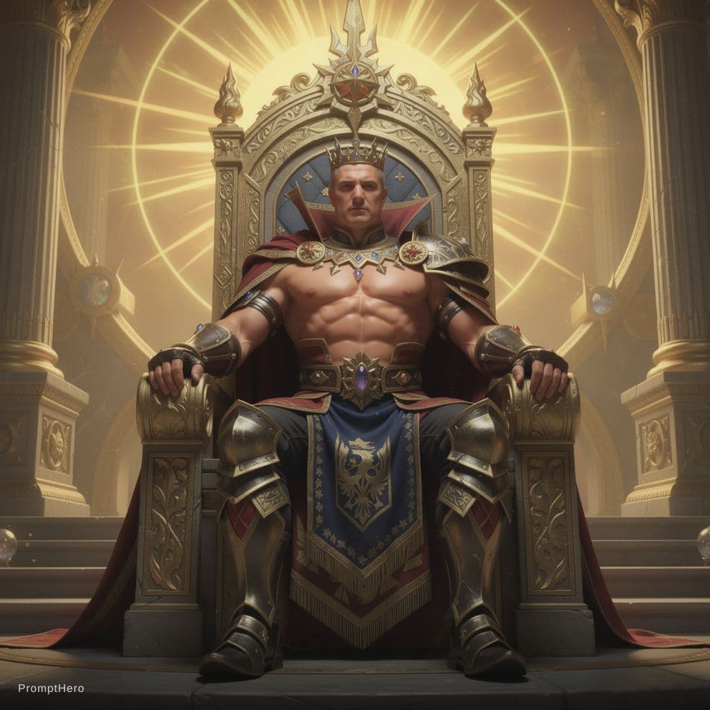 AI generated: The Sun King, sitting on his throne with the sun behind him, fit, abs, in the style of Frank Frazett...