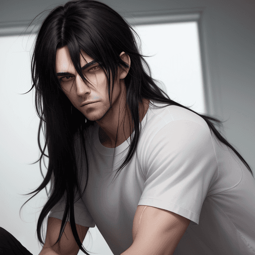 AI generated: 1boy, black_eyes, red_eyes, black_hair, long_hair, messy_hair, bangs, hair_between_eyes, stubble, ey...