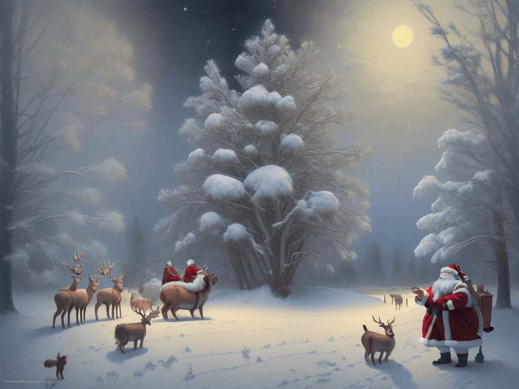 AI generated: A beautiful winter scene of christmas night oil paint with very fat and happy Santa and the Deers, i...