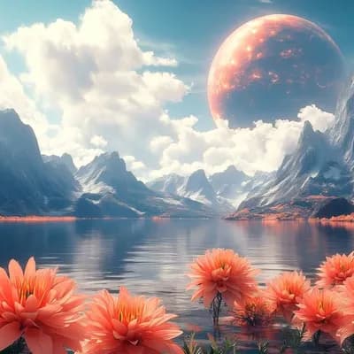 AI generated video: Camera pans from right to left across an alien landscape