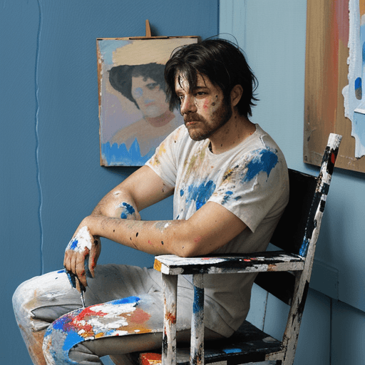 AI generated: painting of sad man sitting on chair, eyes are teary, holding face, pallet knife painted, thick text...