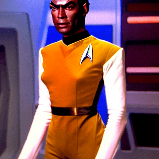 AI generated: The model as a dark skinned Vulcan in the Star Trek tradition wearing a Star Trek Science Officer Un...