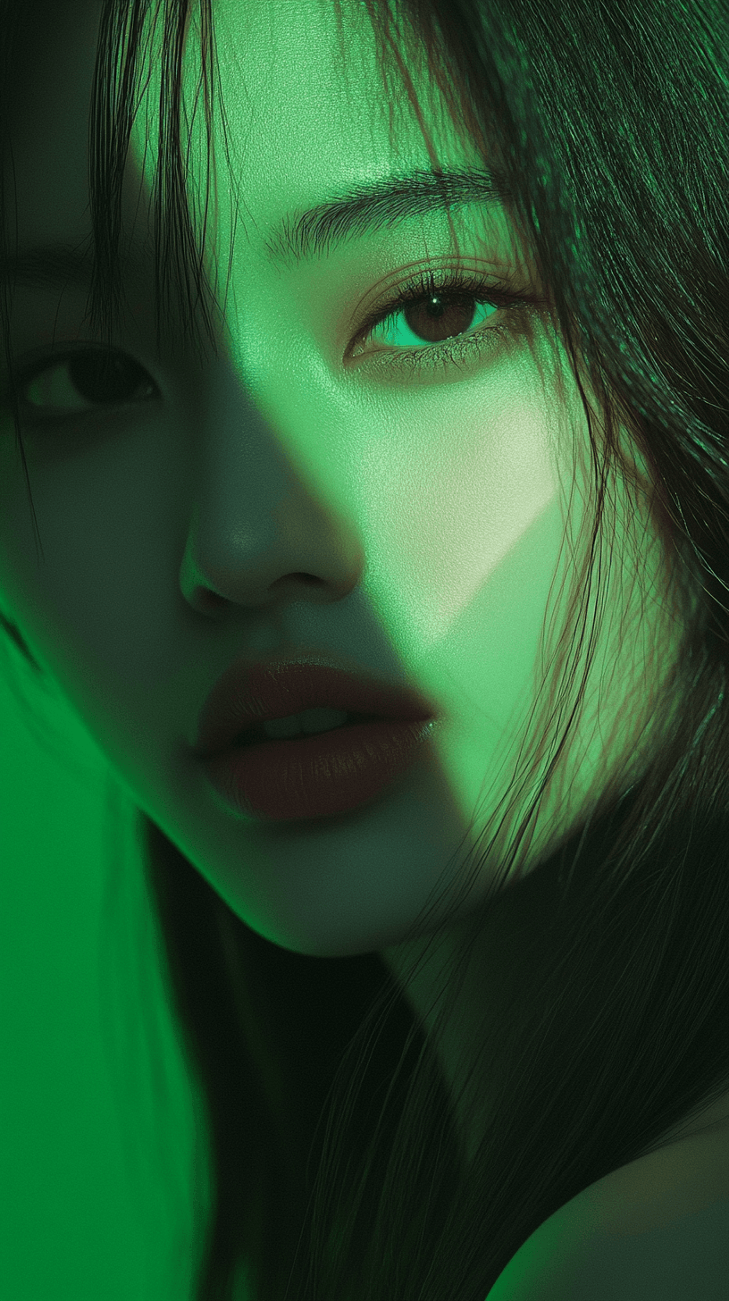 AI generated: 
Photography, green tones, Japanese female model, solid green background, using camera settings tha...