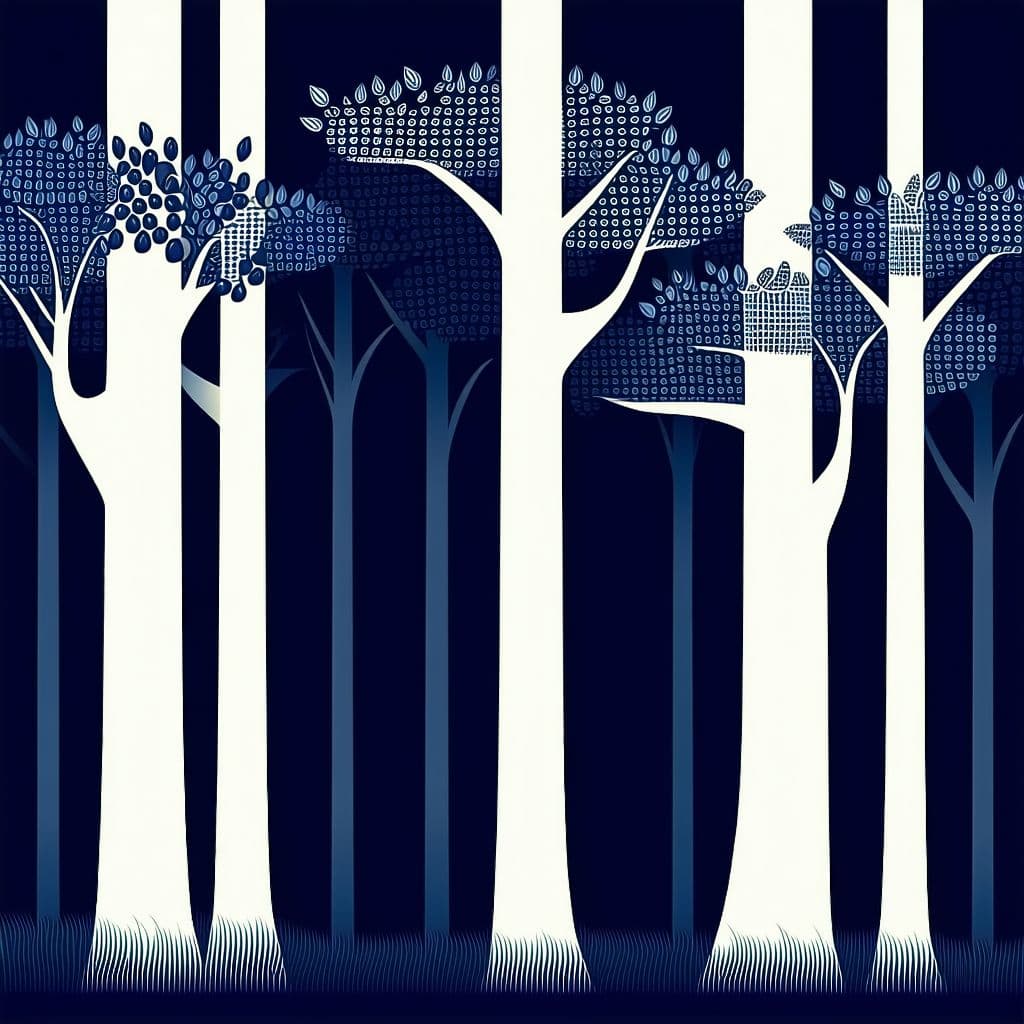 AI generated:  vector cocoa trees illustration, in the style of minimalist detail, forms, rick owens, matt bors, c...
