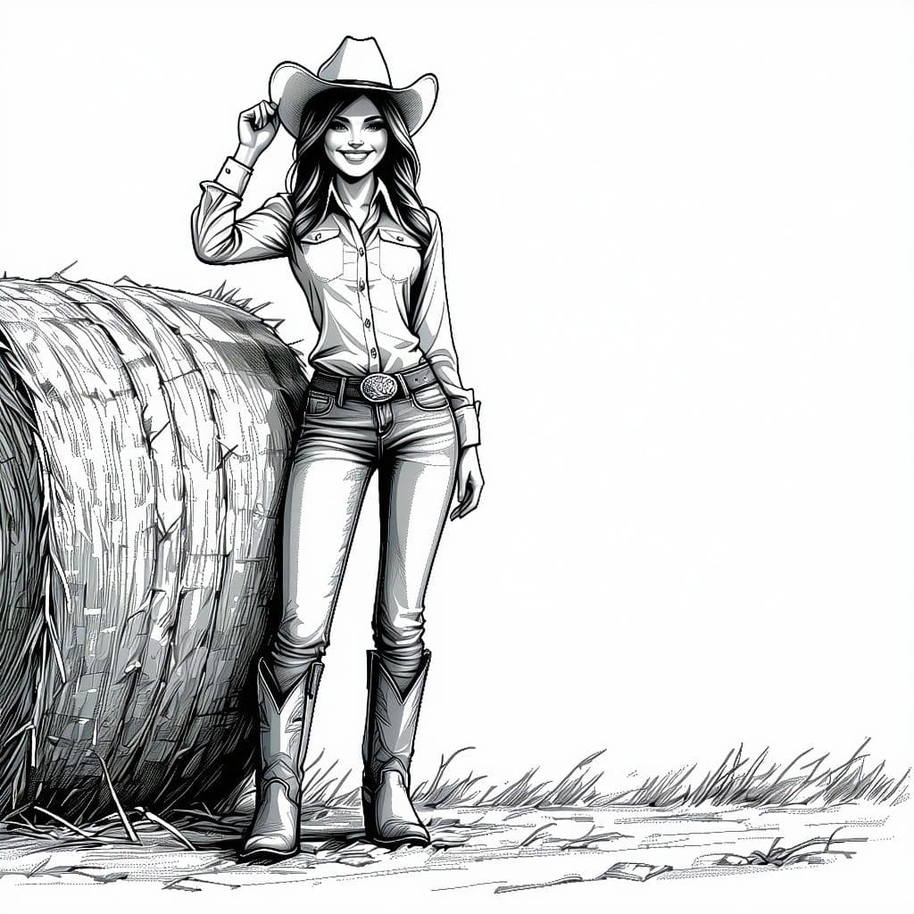 AI generated: "Cowgirl standing beside a hay bale with one boot propped up, smiling and holding her hat, wearing a...