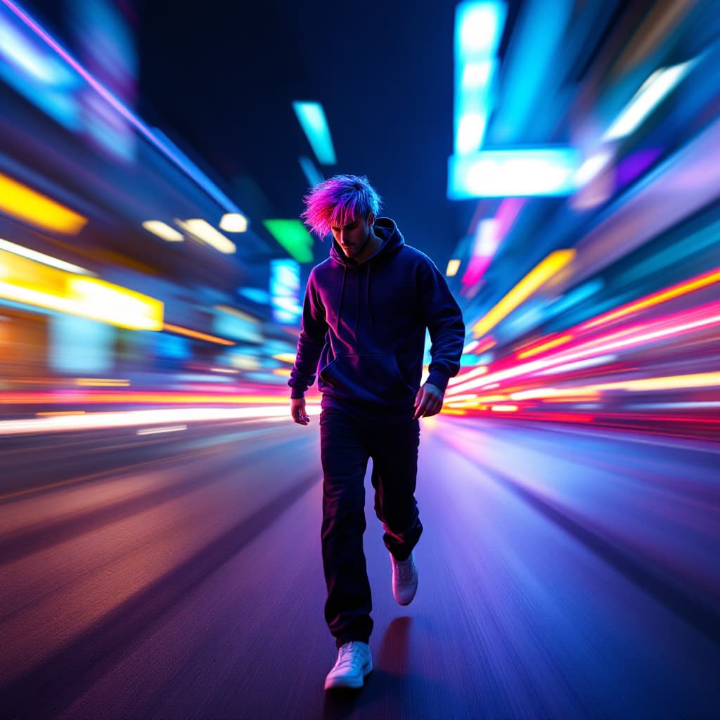 AI generated: photography, vibrant street capturing a man model in motion at night, wears over-fit hoodie with spo...