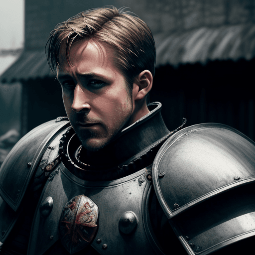 AI generated: Hyper realistic photo of Ryan Gosling wearing Black Berserker Plate Armour, outdoors, Fear and Hunge...