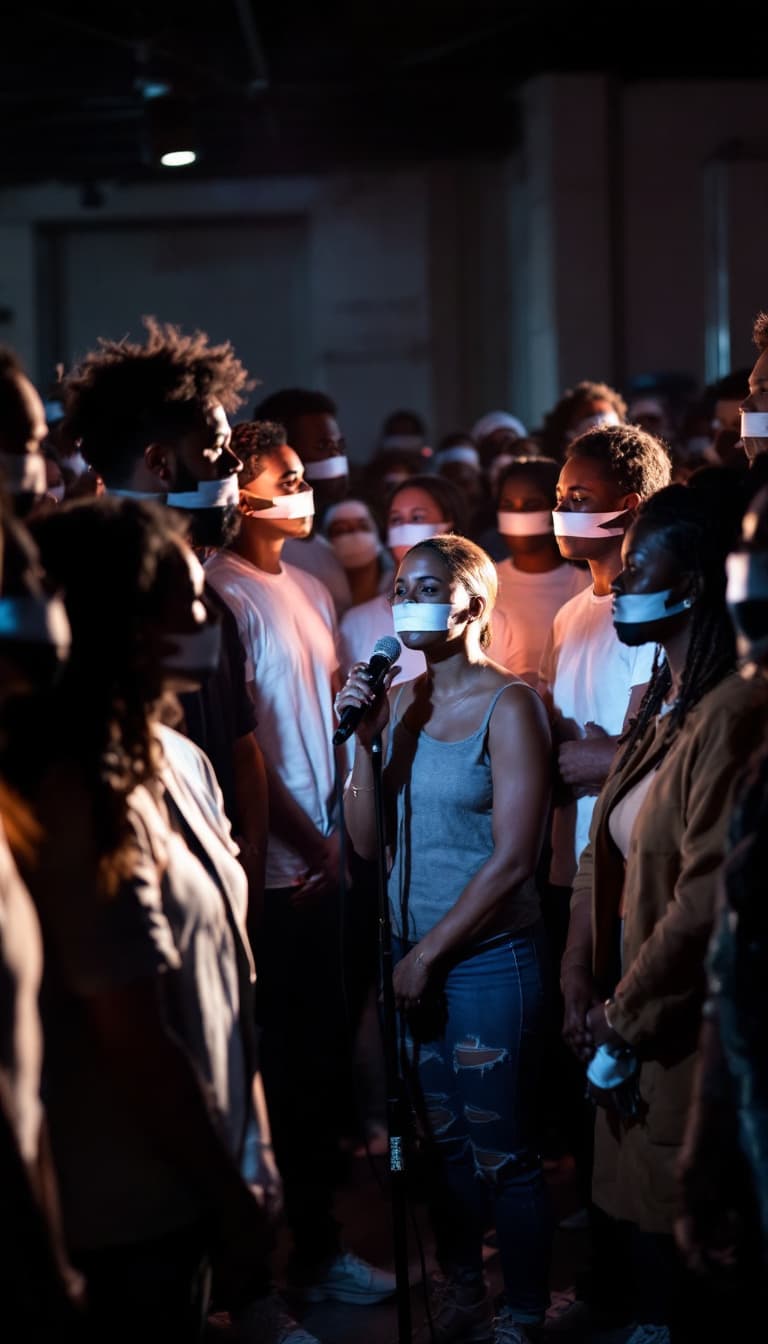 AI generated: A diverse group of white people standing in silence with tape over their mouths, one person removing...