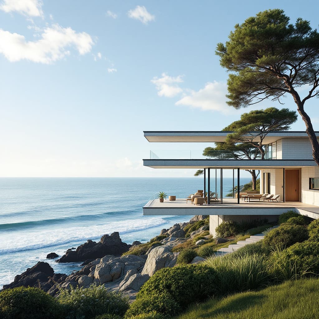 AI generated: Hyper realistic eye level exterior photo of a mid century modern style house overlooking the ocean, ...