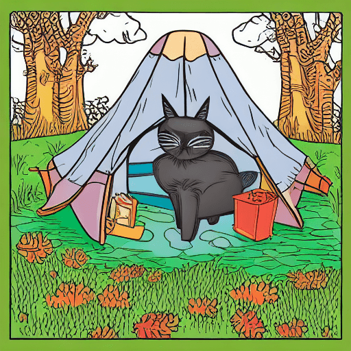 AI generated: illustration black cat is inside of the tent looks lake and forest