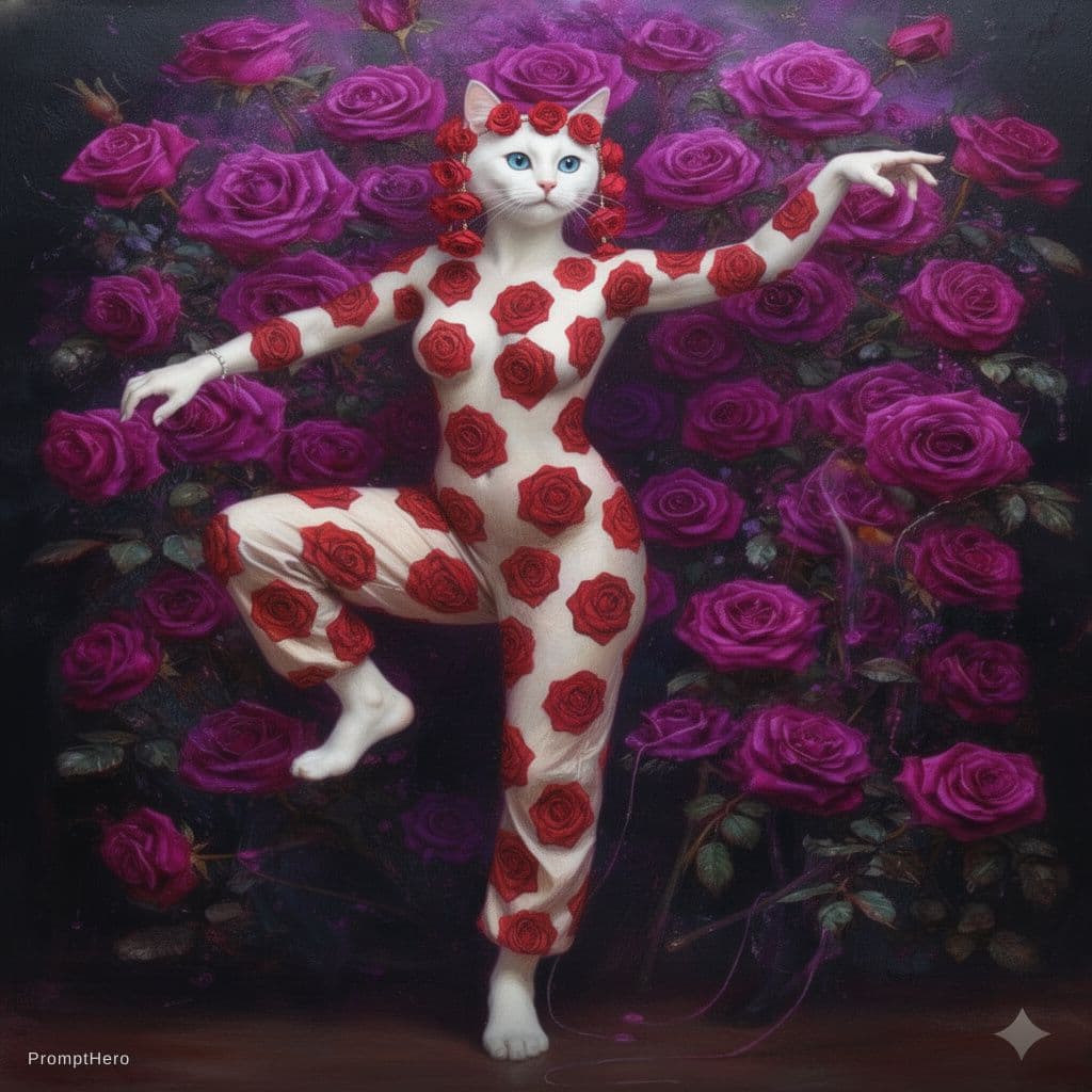 AI generated: Can u create a white cat  with red roses prints all over the body. The cat is in standing position d...
