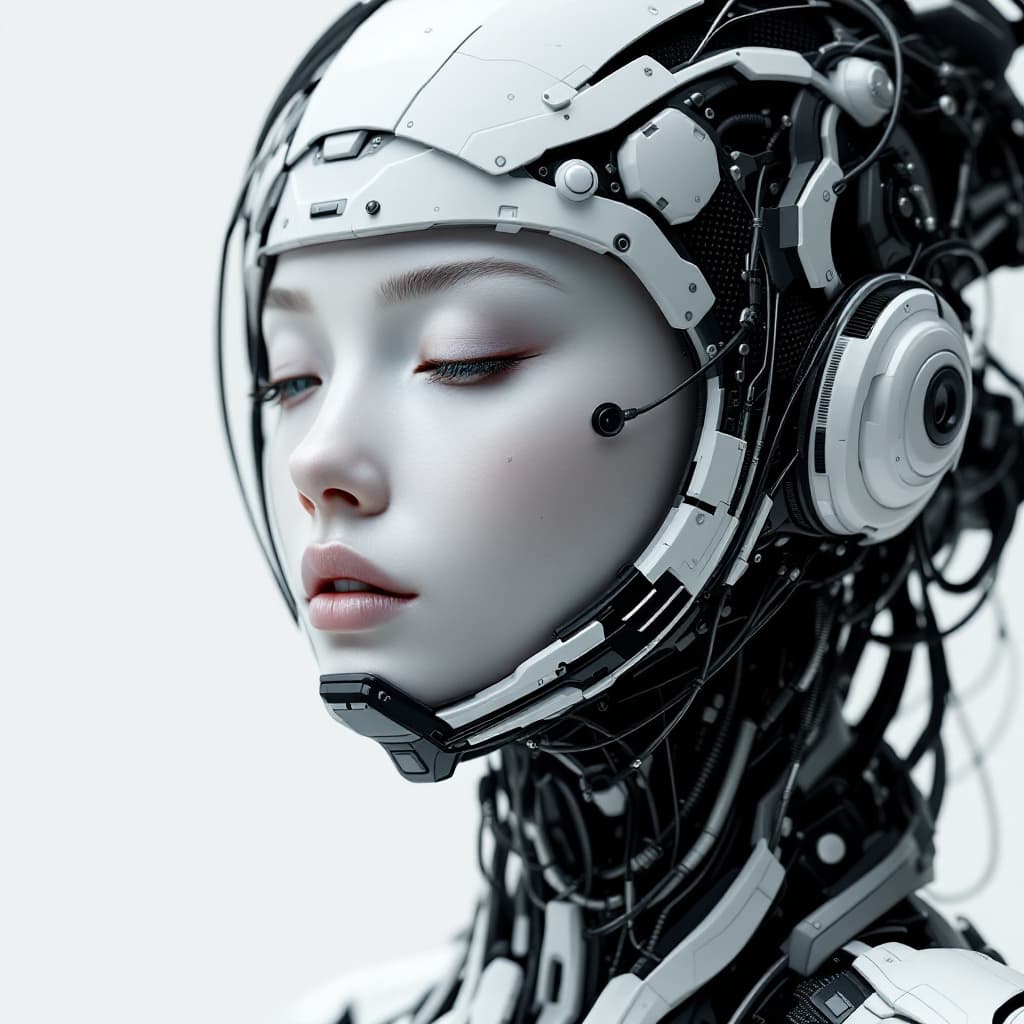 AI generated: an image of a futuristic woman in a robotic head gear, in the style of dark white and dark black, in...