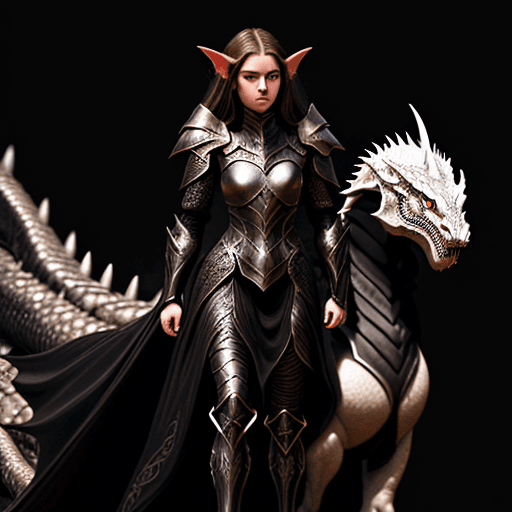 AI generated: girl in black elven armor, dark background, soft glow, hyper-realism, flowing hair, detailed face, b...