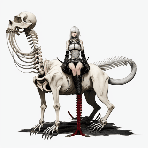 AI generated: A white-haired girl sits on the skeleton of an animal, in the anime style, with a white background, ...
