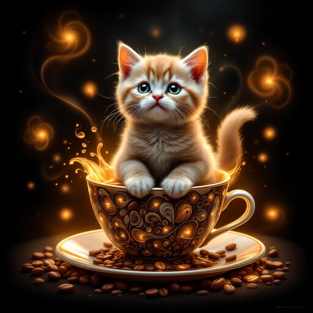 AI generated:  Design a surreal, fractal-inspired artwork featuring a Scottish Fold kitten sitting on a fractal co...