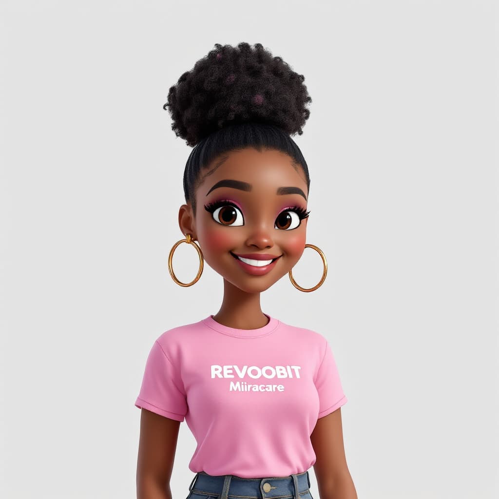 AI generated: Generate a 3D animated image of an African lady, wearing big bold round earrings, wearing a pink shi...