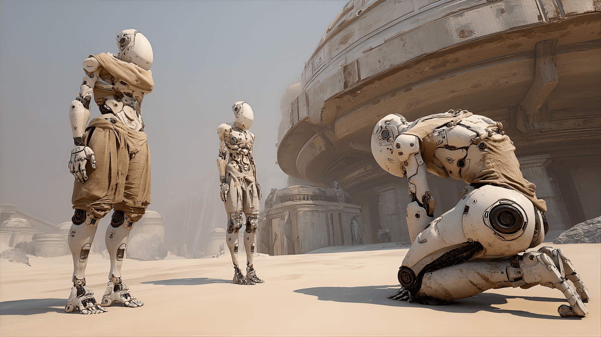 AI generated: Desert landscape, three android figures,  pale beige/tan color,  female android standing upright,  m...