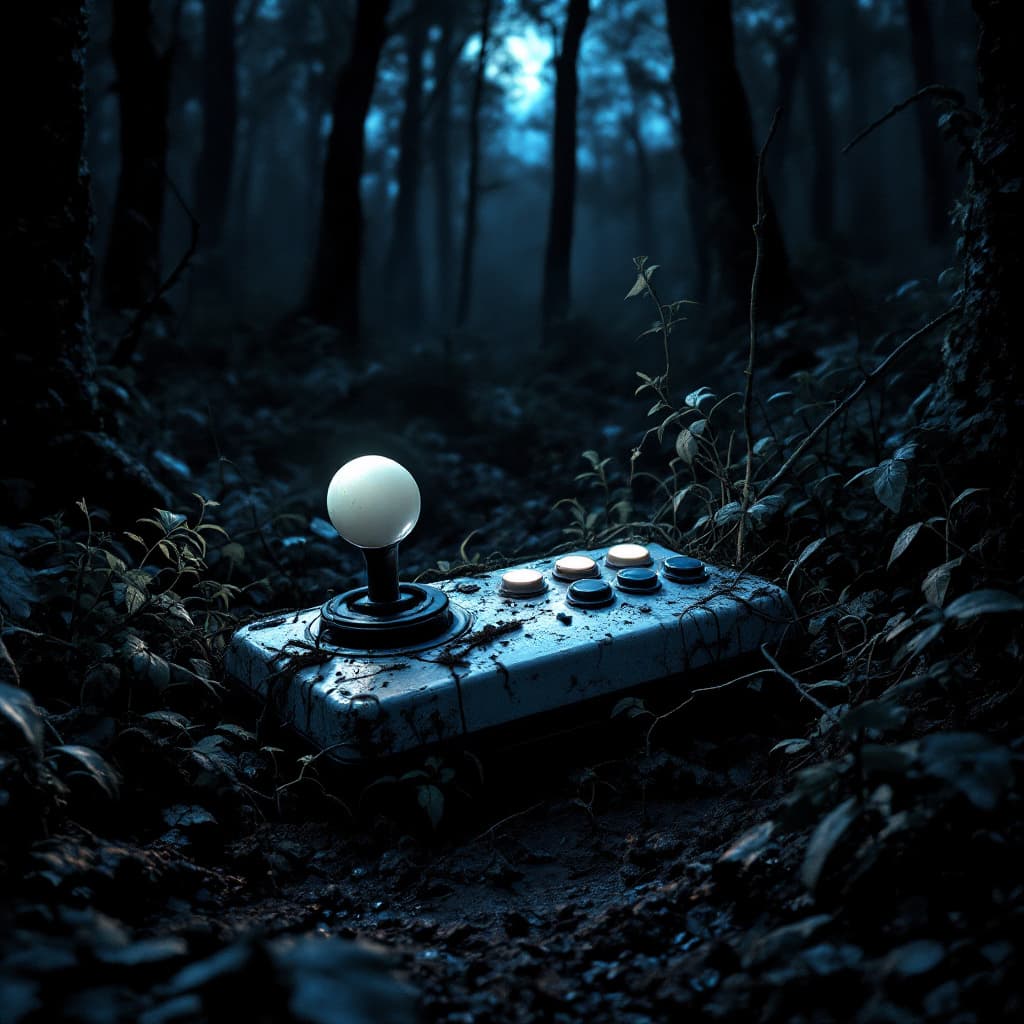 AI generated: "A realistic image of a joystick abandoned in a dense forest at night, partially buried in mud and e...