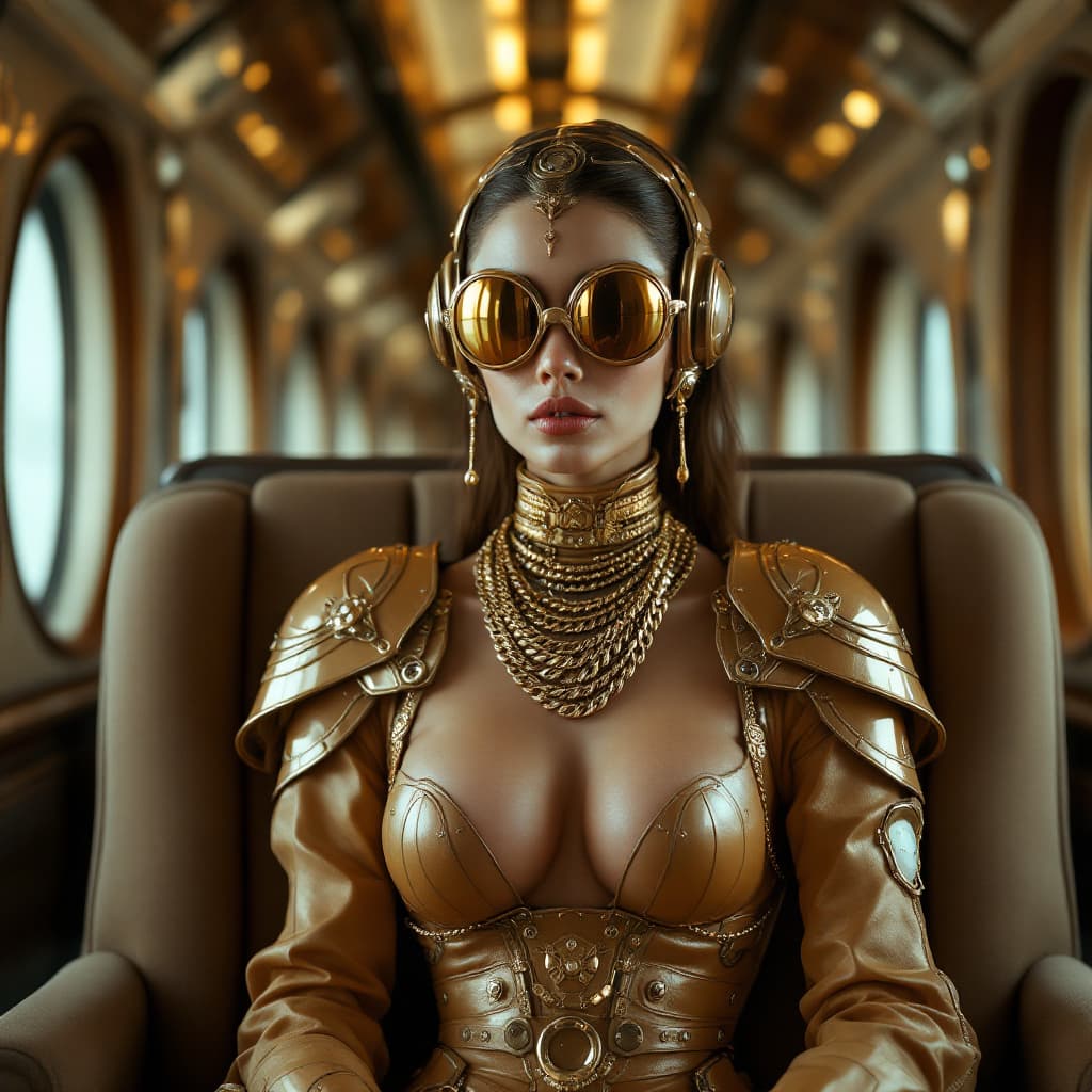AI generated: A futuristic, retro-fusion portrait of a woman sitting in a luxurious vintage-style train car. The s...