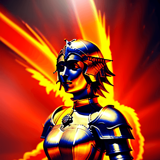 AI generated: The victorious Jeanne d’Arc, She is bathed in a vivid red glow of fire, giving her an ethereal aura....
