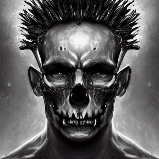 AI generated: skull portrait wearing black king crown, close up, looking forward, clean shaven, face details, seri...